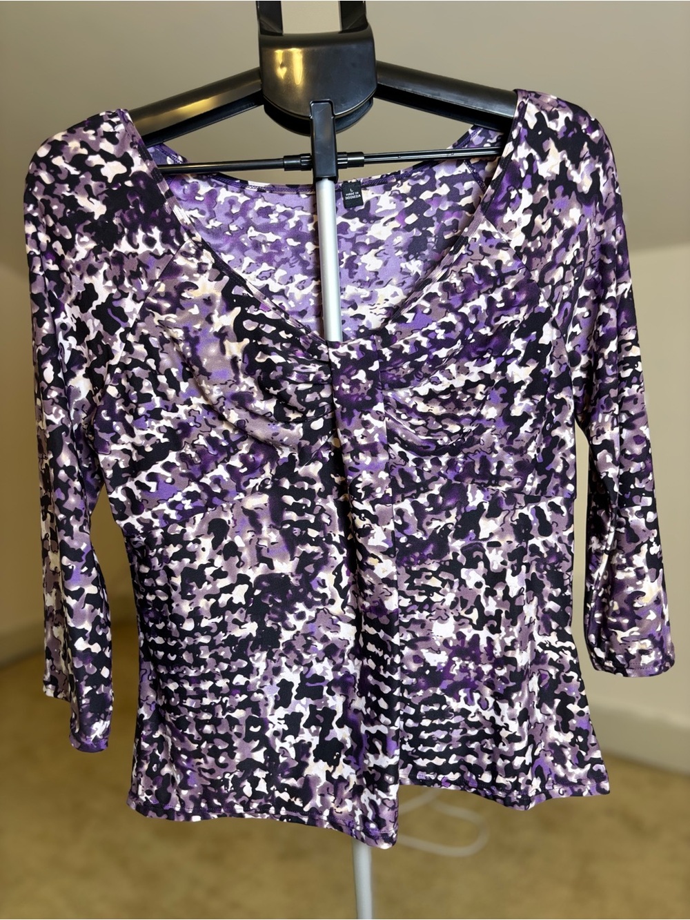 Essentials Purple and Black Abstract Gathered V-Neck Long Sleeve Top